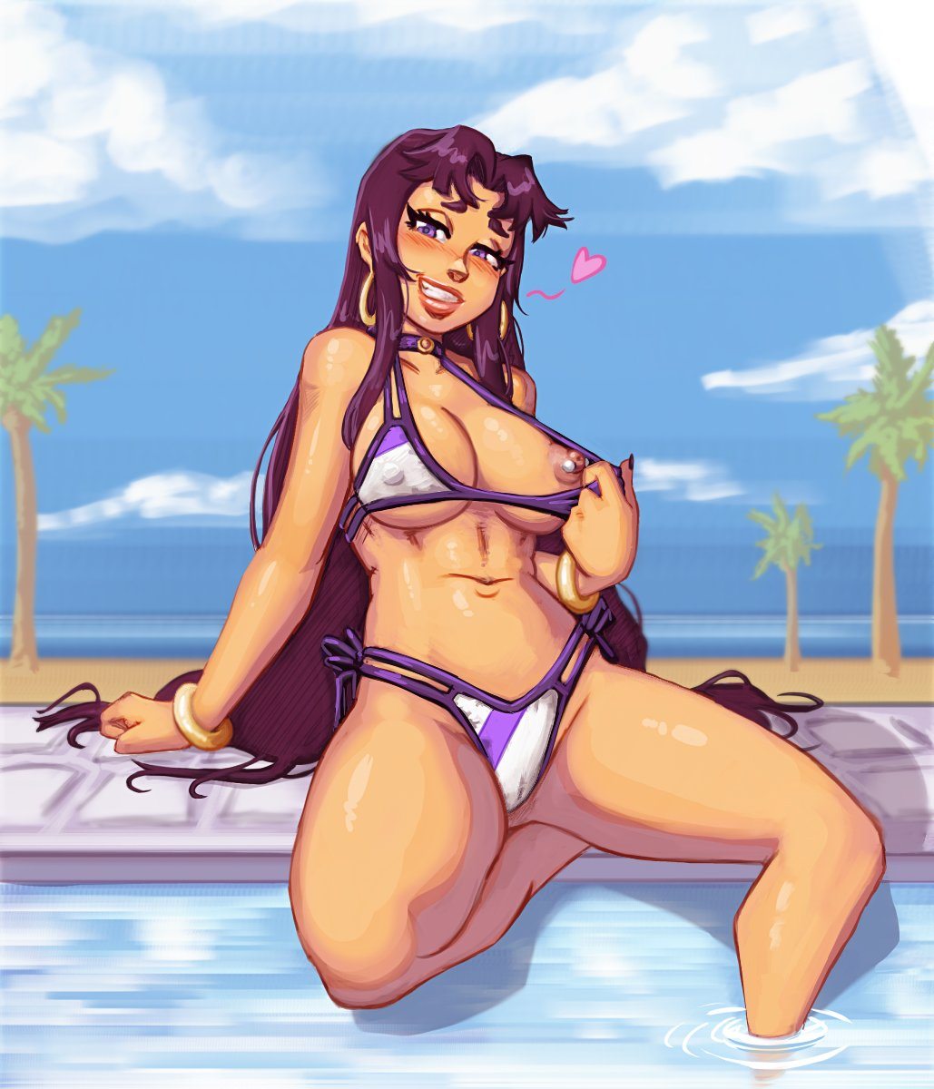 1girl 2024 beach_background bikini blackfire blush seios dc_comics feminino female_focus female_only piscando flashing_breasts foot_in_water coração komand'r l0ngsword long_hair olhando_at_viewer umbigo mamilo_piercing mamilos piscina piscina purple_bikini purple_eyes purple_hair solo striped_bikini striped_swimsuit maiô adolescente_titans coxas grossas coxas água branco_biquíni