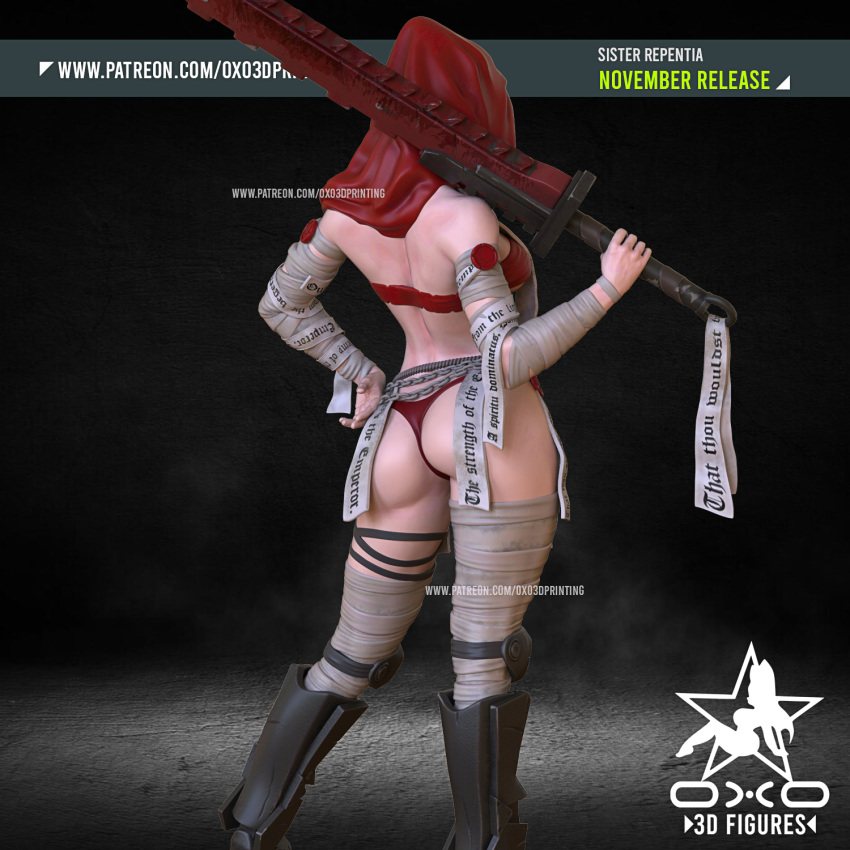 3d 3d_ (arte) 3d_model armored_boots artist_request bunda costas back_view bandagens bare_midriff chainsword estatueta hand_on_hip capuz miniaturas oxo3d_printing calcinha red_panties cordas cachecol semi_nude sister_of_battle sister_repentia espada under_boob warhammer_ (franquia) warhammer_40k