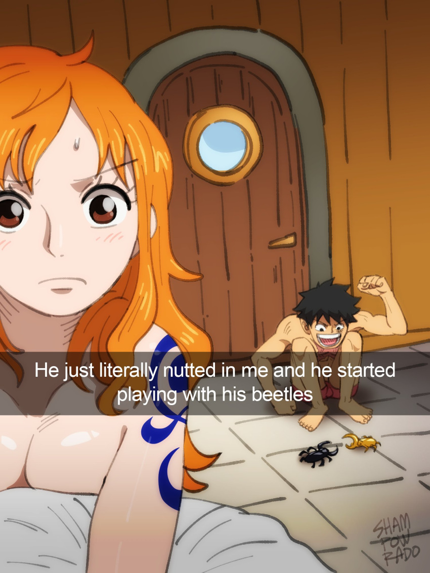 1boy 1boy1girl 1girls after_sex artist_signature cama bed_sheet quarto besouro black_hair seios cobrindo_breasts he_literally_nutted_in_me_ (meme) dentro de casa insetos long_hair meme monkey_d._luffy nami one_piece orange_hair selfpic shampowrado short_hair snapchat tatuagem tattoo_on_arm topless