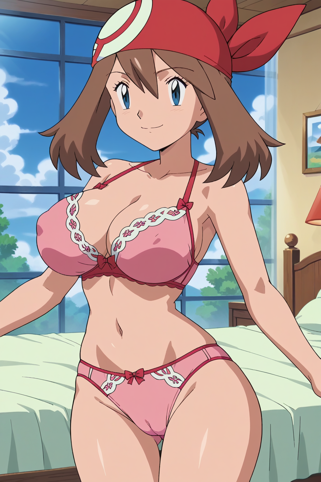 1girl exact_art_style sedutor androidparanoid bandana bare_legs gorro cama quarto big_breasts blue_eyes sutiã brown_hair decote may may_ (pokemon) nintendo calcinha pin_up pokemon pokemon_ (anime) roupa íntima