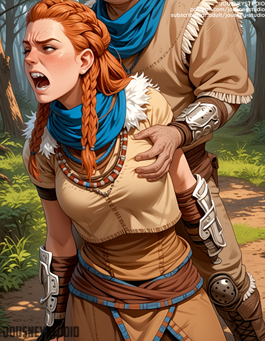 1boy 1girl 1girl ai_generated aloy aloy_ (horizon) arm_guards armadura big_breasts blush trança breast_grab seios roupas pele escura dia cotoveleiras english_text luvas sem dedos testa floresta sardas fur_collar luvas agarrando grama cabelo_sobre_ombro hetero horizonte horizonte_zero_dawn implícito_sex jóias jousneystudio faca couro leather_luvas lábios long_hair masculino médio_seios natureza colar nariz boca aberta laranja_cabelo fora lenço solo_foco dentes amarrados_cabelo árvore tranças gêmeas arma