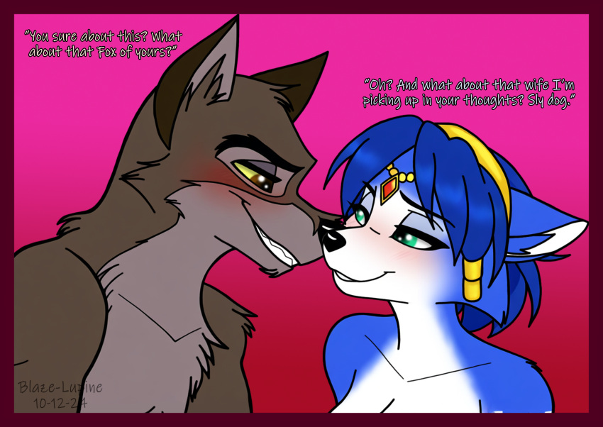 1boy 1girl anthro balto_ (personagem) balto_ (filme) quarto_eyes blaze-lupine_ (artista) blue_body blue_fur blue_hair blush border border seios canid canine canis crossover diálogo digital_media_ (arte) domestic_dog duo english_text feminino flertando flertando_look pele de raposa cabelo alto_res híbrido implícito_nudez infidelidade krystal olhando_para_outro macho masculino /mamífero feminino mutual_infidelity olhos estreitos nintendo nordic_sled_dog pink_background red_border sedutor simple_background sorriso spitz em pé star_fox texto universal_studios lobo wolfdog